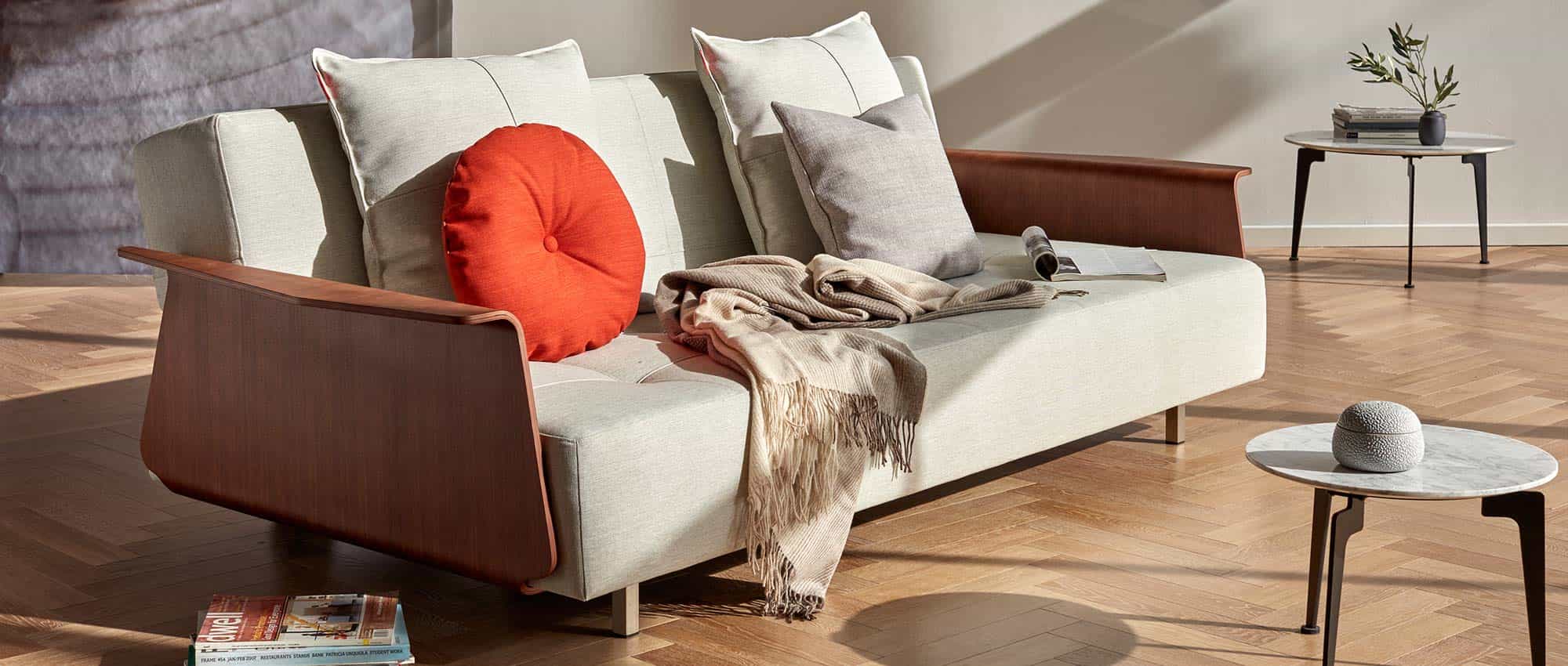 Lounge Sofa Schlafsofa LONG HORN EXCESS von Innovation mit Holzarmlehnen, Gästebett mit Klappfunktion, verstellbare Rückenlehne - Liegefläche 140x200 cm
