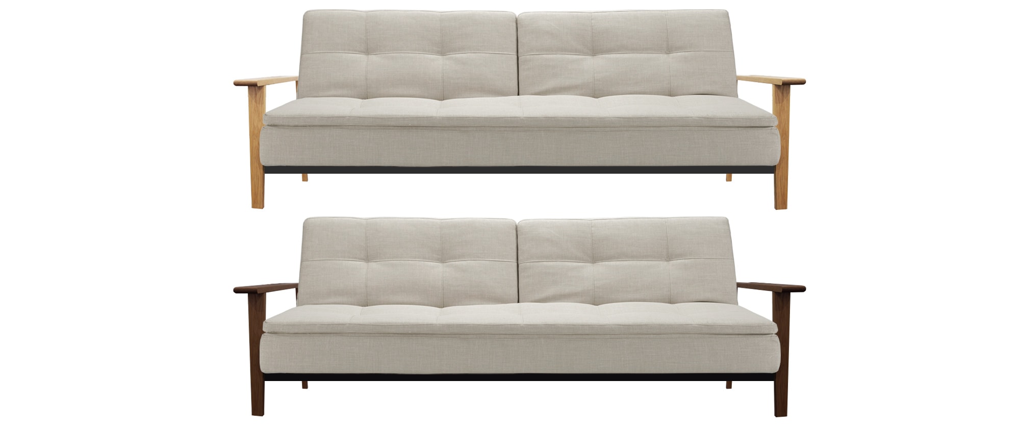 Klappsofa mit Schlaffunktion, skandinavisches Designer Sofa mit Holzarmlehnen, Gästebett für 2 Personen - Liegefläche 110x200cm