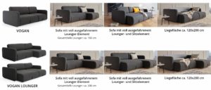 Schlafsofa VOGAN LOUNGER von Innovation mit Longchair, flexibles Ecksofa mit Armlehnen - Liegefläche 120x200